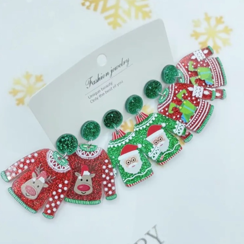 NWT! 3 PAIRS of Christmas Ugly Holiday Sweater Pierced Dangle Earrings in Green!